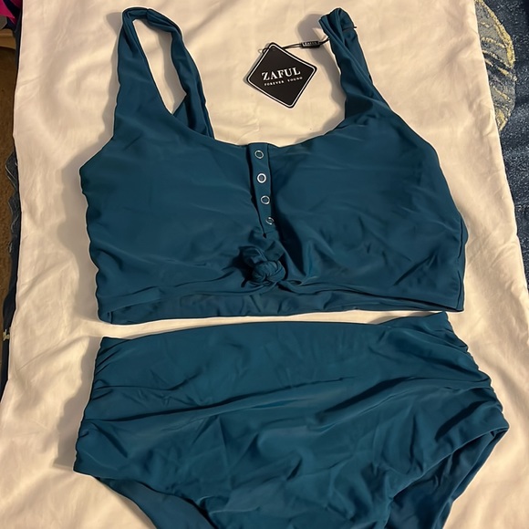 ZAFUL Womens Knotted Front Tankini Set High Waisted Bikini Scoop Neck Swimsuit - Picture 4 of 6